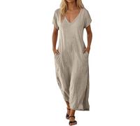 Damen Sommerkleid aus Polyester mit Unifarben, ärmellos, V Ausschnitt, eleganter Schnitt Fuer Alltag und Freizeit, kombinierbares Outfit ALS Dinnerlook Fuer Alltag, Leicht zu stylen, beige, XL