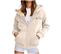 Damen Süßes Herz-Druck-Sherpa-Kapuzenjacke - Fleece-Futter-Reißverschluss-Sweatshirt Warme Thermische Pullover-Top Für Casual-Tragen, beige, 5X-Large