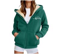 Damen Süßes Herz-Druck-Sherpa-Kapuzenjacke - Fleece-Futter-Reißverschluss-Sweatshirt Warme Thermische Pullover-Top Für Casual-Tragen, verde, XXX-Large