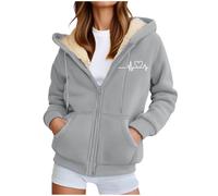 Damen Süßes Herz-Druck-Sherpa-Kapuzenjacke - Fleece-Futter-Reißverschluss-Sweatshirt Warme Thermische Pullover-Top Für Casual-Tragen, Luz de Ashy, 4X-Large