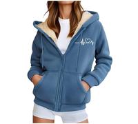 Damen Süßes Herz-Druck-Sherpa-Kapuzenjacke - Fleece-Futter-Reißverschluss-Sweatshirt Warme Thermische Pullover-Top Für Casual-Tragen, azul, 4X-Large
