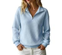 Damen-Sweatshirt mit Reißverschluss Am Hals, langärmelig, lockere Passform (Blue,XL)