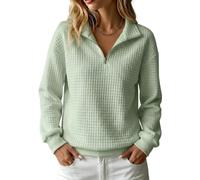 Damen-Sweatshirt mit Reißverschluss Am Hals, langärmelig, lockere Passform (Green,XL)
