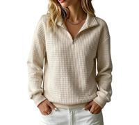 Damen-Sweatshirt mit Reißverschluss Am Hals, langärmelig, lockere Passform (Khaki,XL)
