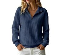 Damen-Sweatshirt mit Reißverschluss Am Hals, langärmelig, lockere Passform (Navy,XL)