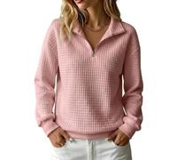 Damen-Sweatshirt mit Reißverschluss Am Hals, langärmelig, lockere Passform (Pink,M)