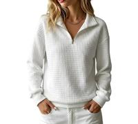 Damen-Sweatshirt mit Reißverschluss Am Hals, langärmelig, lockere Passform (White,L)