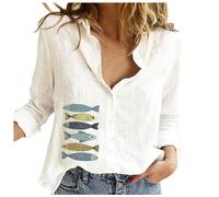 Damen Top Fashion Langarm-Revershemd Einreihiges bedrucktes Hemd, Weiß, XXXL