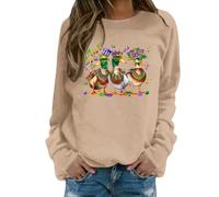 Damen Tops Basic Langarm Tops Baggy Teenager Mädchen Sweatshirt Loose Fit Bluse mit Pato Druck Herbst Rundhals Langarmshirt Frauen Karneval Kostüm Karneval Party Outfits, caqui, L