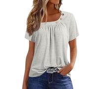 Damen Tops U-Ausschnitt Bluse top Sommer Oberteile Camisole mit Knöpfen Casual Loose Fit Frill Trim Hals Arbeitsbluse atmungsaktiv kurze Ärmel Große Größen Tops Einfarbig Sommershirts, gris, S