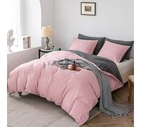 Damier Juego de ropa de cama de 220 x 240 cm color rosa palo y gris lisos reversible de microfibra juego de funda nórdica para cama de matrimonio de 220 x 240 cm y 2 fundas de almohada de 80 x 80 cm