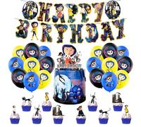 Damoff Coraline - Paquete de decoración de cumpleaños: 18 globos, 1 pancarta, 13 adornos para tartas, azul y negro