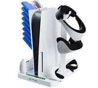 DaMohony Soporte y estación de refrigeración para PS5 y PS VR2 con estación de carga de controlador, soporte 3 en 1 PS5 con 2 ventiladores de refrigeración para 5 y VR2, soporte para auriculares,