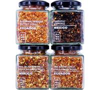 DAMUNE Chiles en Escamas: Jalapeño Rojo Escamas - 80 g, Chipotle Escamas - 80 g, Habanero Red Savina Escamas - 50 g y Habanero Scoprion Trinidad Escamasn - 60 g
