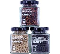 DAMUNE Pimienta Kampot Premium en grano: Negra (60g), Blanca (60g) y Roja (60g)