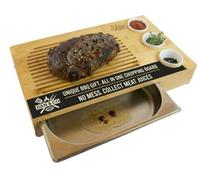 Dan&Co Juego de tablas de cortar de madera de bambú con bandeja de goteo deslizante de acero | Tabla de cortar orgánica | Bandeja para servir | Para carne, queso, verduras | 48 cm de longitud