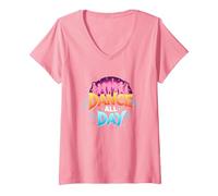 Dance All Day: póster de Fiesta Vibrante para Amantes de la música Camiseta Cuello V, Mujer, Rosado, S