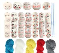 dancepandas Cuentas de Madera para Enhebrar 50 Piezas 20mm Bolas de Madera con Ángel Facial con 5 Hilos de Ganchillo de Colores y 2 Agujas para Manualidades y Fabricación de Joyas