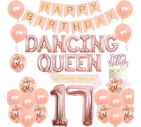 Dancing Queen 17th Birthday Decoración Oro rosa para niñas Dancing Queen número 17 Globos Sash con Happy Birthday Banner Cake Topper Corona Globos de confeti