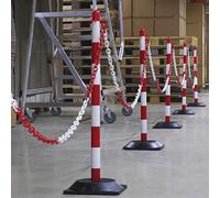 Dancop 0004373 Incluye 6 postes de plastico, con 6 bases cuadras y 10 metros de cadena de señalización con conectores. Todo en color blanco-rojo