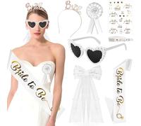 Dandin 7 Piezas Despedida De Soltera Accesorios, Despedida de Soltera Velo Novia con Lazo, Banda Soy la Novia, Gafa de Corazón, Diadema Nupcial, Pulsera, Decoración De Tatu