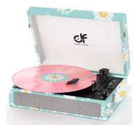 DANFI Audio - Tocadiscos Bluetooth y Altavoces (Azul Floral) | Tocadiscos portátil de 3 velocidades con grabación USB, Auriculares, Salidas RCA, AUX, Estilo Vintage