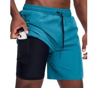 Danfiki - Pantalones cortos deportivos para hombre, 2 en 1, de secado rápido, para correr, gimnasio, atlético, al aire libre, maratón, entrenamiento, con bolsillos con cremallera, azul pavo real, S