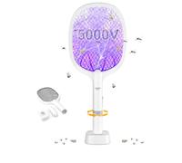DANGZW Raqueta Mosquitos Eléctrico, 2 en 1 4000V USB Recargable Raqueta Matamoscas Eléctrico con Base de Carga, Zapper Mosquito E-éctrico para Mosquitos, Moscas, Abejas, Polillas