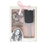 Danielle Creations - Juego completo de cuidado del cabello rosa, cepillo desenredante, coletero de terciopelo suave y clip de garra duradero para un peinado elegante y suave
