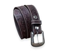 DANIEL'S ARTPLANET Western Belt - Cinturón de piel de una pieza de grano completo de 1.5 pulgadas de ancho con hebilla grabada hecha a mano, Café, 34 (Fits size 32 jeans)