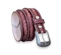 DANIEL'S ARTPLANET Western Belt - Cinturón de piel de una pieza de grano completo de 1.5 pulgadas de ancho con hebilla grabada hecha a mano, Rojo, 40 (Fits size 38 jeans)
