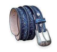 DANIEL'S ARTPLANET Western Belt - Cinturón de piel de una pieza de grano completo de 1.5 pulgadas de ancho con hebilla grabada hecha a mano, Azul, 40 (Fits size 38 jeans)