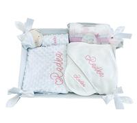 Danielstore Canastilla Bebé Personalizada Cesta Regalo Incluye Manta + Dou Dou + Pack Gasas + Toalla Baño Bebé + Babero Personalizado Regalo para Recién Nacidos(blanco)
