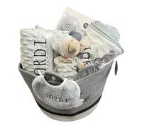 Danielstore Canastilla Bebé Personalizada Cesta Regalo Incluye Manta + Dou Dou + Toalla Baño Bebé + Babero Personalizado Regalo para Recién Nacidos (Gris Cesta Multiusos Peine)