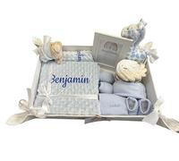 Danielstore - Canastilla Bebé Personalizada | Manta y Dou Dou con Nombre | | Set Primera Puesta Bebé | Pastel Pañales ! Marco con Nombre!Cesta para Recién Nacidos|Deluxe 2 Azul