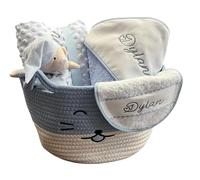 Danielstore Canastilla Bebé Personalizada | Set Regalo para Recién Nacido, 50% algodón 50% poliéster | Incluye manta, dou dou, toalla baño, babero Cat azul