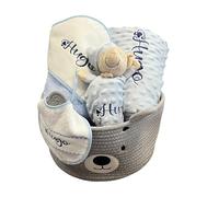 Danielstore Canastilla Bebé Personalizada | Set Regalo para Recién Nacido, 50% algodón 50% poliéster | Incluye Manta, dou dou, Toalla baño, Babero Azul