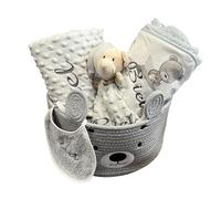 Danielstore Canastilla Bebé Personalizada | Set Regalo para Recién Nacido, 50% algodón 50% poliéster | Incluye manta, dou dou, toalla baño, babero Cat gris