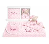 Danielstore Pack Manta Bebe Personalizada + Doudou Bordado + Babero Regalo Personalizado para Recien Nacido Niño o Niña Mantita Minky Suave 80x100cm Dou Dou 25x25 cm Cuna Coche