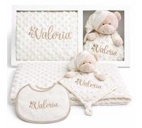Danielstore Pack Manta Bebe Personalizada + Doudou Bordado + Babero Regalo Personalizado para Recien Nacido Niño o Niña Mantita Minky Suave 80x100cm Dou Dou 25x25 cm Cuna Coche