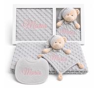 Danielstore Pack Manta Bebe Personalizada + Doudou Bordado + Babero Regalo Personalizado para Recien Nacido Niño o Niña Mantita Minky Suave 80x100cm Dou Dou 25x25 cm Cuna Coche