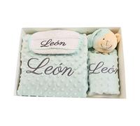 Danielstore Pack Manta Bebe Personalizada + Doudou Bordado + Babero Regalo Personalizado para Recien Nacido Niño o Niña Mantita Minky Suave 80x100cm Dou Dou 25x25 cm Cuna Coche