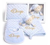Danielstore Pack Manta Bebe Personalizada + Doudou Bordado + Babero Regalo Personalizado para Recien Nacido Niño o Niña Mantita Minky Suave 80x100cm Dou Dou 25x25 cm Cuna Coche