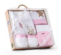 Danielstore Set Regalo Primera Puesta Bebe Recien Nacido 5 Piezas Conjunto Primera Puesta Bebe Con Chaquetita.Polaina,Gorro,Babero Y Manoplas.Algodón Orgánico e Hipoalergénico