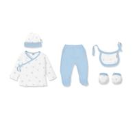 Danielstore Set Regalo Primera Puesta Bebe Recien Nacido 5 Piezas Conjunto Primera Puesta Bebe Con Chaquetita.Polaina,Gorro,Babero Y Manoplas.Algodón Orgánico e Hipoalergénico (Peluche azul)