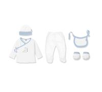 Danielstore Set Regalo Primera Puesta Bebe Recien Nacido 5 Piezas Conjunto Primera Puesta Bebe Con Chaquetita.Polaina,Gorro,Babero Y Manoplas.Algodón Orgánico e Hipoalergénico (Dino azul)