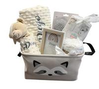 Danielstore Velvet Cesta para Regalo Recién Nacido, Canastilla Bebé Personalizada, Manta y Dou Dou Osito Bordada, Incluye Set de Peines y Pastel de Pañales (Fox Beige)