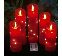 DANIP Vela LED roja con cadena de luces integrada, 5 velas LED con mando a distancia de 10 teclas, función de temporizador de 24 horas, llama danzante, cera real, funciona con pilas.