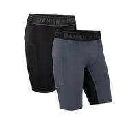 DANISH ENDURANCE 2 Pack Mallas Cortas Hombre, Pantalones Cortos de Compresión Running, con Bolsillo, Multicolor (1x Gris, 1x Negro), L