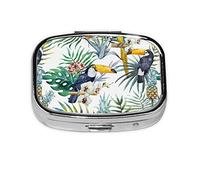 Danlim Pastillero portátil de acero inoxidable importado, pastillero pequeño con espejo para cartera de bolsillo y regalo de viaje, hojas tropicales y pájaros